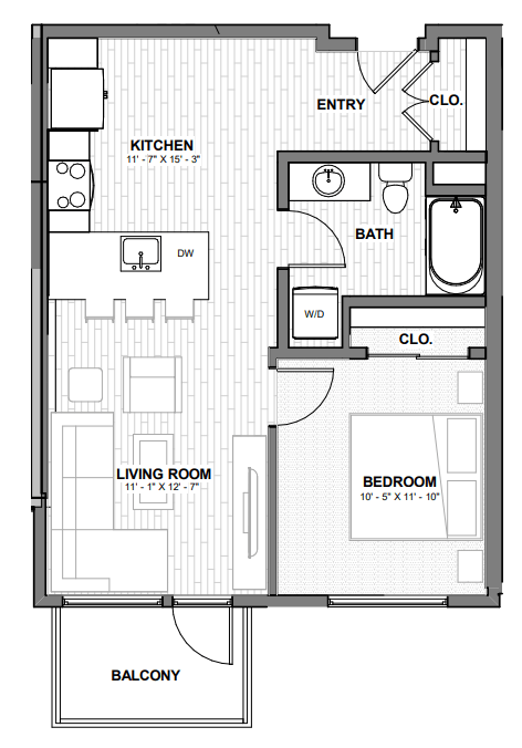 Floor plan for 1 bed, 1 bath, 582 sqft